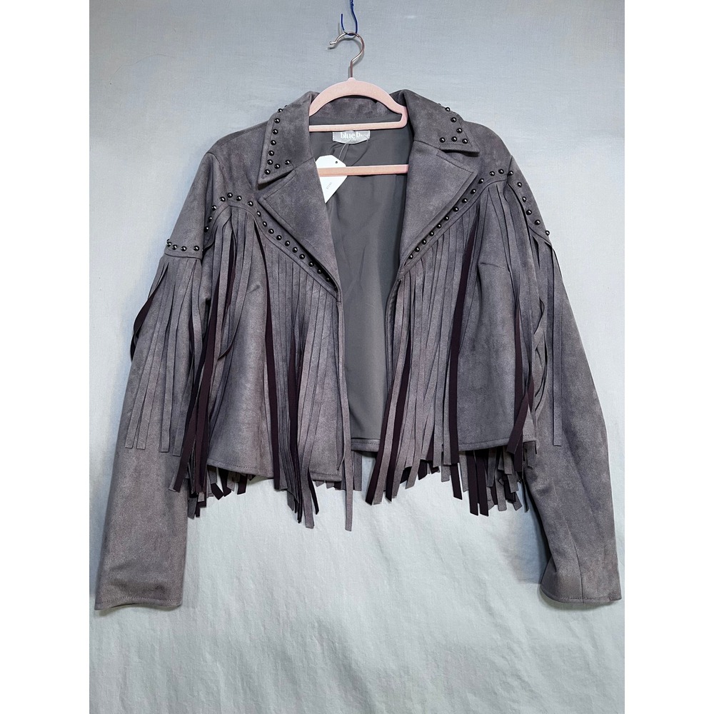 Blue B Grey Faux Suede Fringe Studded Cropped Western Boho Festival Jacket New